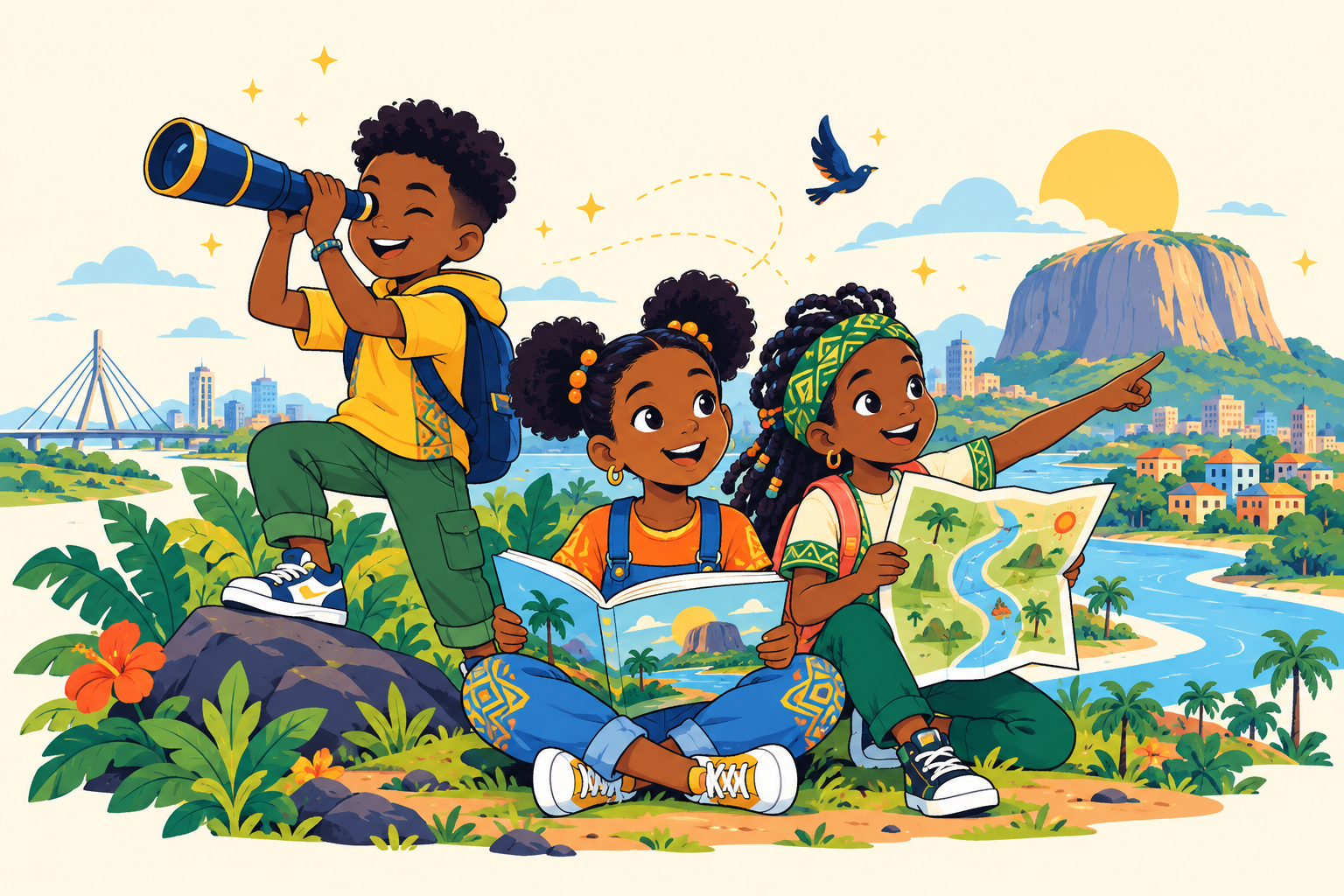 Three Nigerian children discovering Nigeria with a telescope, storybook and map